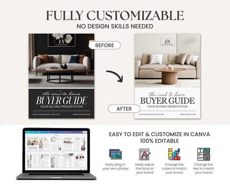 K&ouml;nnte beinhalten: Eine digitale Vorlage f&uuml;r einen K&auml;uferleitfaden, die ein Vorher-Nachher-Design zeigt. Der Leitfaden zeigt Innenraumdesign-Bilder und den Text "BUYER GUIDE" und "YOUR BUYING PRESENTATION". Die Vorlage ist in Canva vollst&auml;ndig anpassbar.