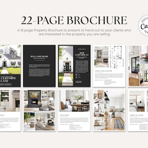 May include: A 22-page property brochure template with a black and white design. The brochure includes images of a house, floor plans, and interior design. Text includes "4608 Cliffside Lane" and "Welcome Home". The template is editable in Canva.