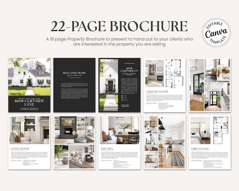 May include: A 22-page property brochure template with a black and white design. The brochure includes images of a house, floor plans, and interior design. Text includes "4608 Cliffside Lane" and "Welcome Home". The template is editable in Canva.
