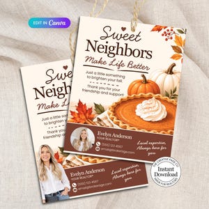 Puede incluir: Una etiqueta inmobiliaria rectangular con temática otoñal que muestra una tarta de calabaza, hojas de otoño naranjas y el texto Sweet Neighbors Make Life Better. Incluye una foto de la agente Evelyn Anderson, datos de contacto y un corazón.