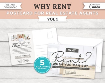 Real Estate Renting Postcard Template | Renting Vs Buying | Realtor Door Knocking | Real Estate Farming | Real Estate Marketing | Canva