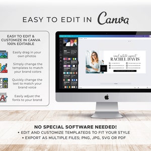 May include: A computer screen displaying a Canva design template for a real estate agent business card. The template features a photo of a woman, the text "real estate agent RACHEL DAVIS", and contact information. The text "EASY TO EDIT IN Canva" is displayed above the computer screen.