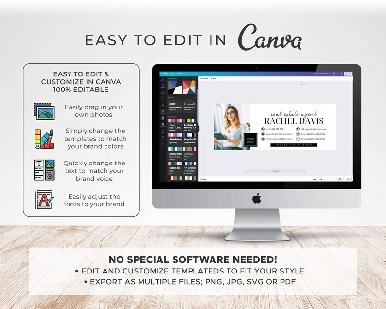 May include: A computer screen displaying a Canva design template for a real estate agent business card. The template features a photo of a woman, the text "real estate agent RACHEL DAVIS", and contact information. The text "EASY TO EDIT IN Canva" is displayed above the computer screen.