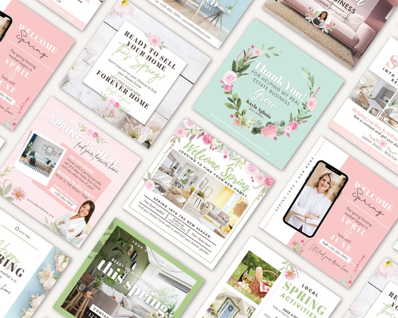 May include: A collection of nine social media graphics for real estate agents. The graphics feature a spring theme with floral designs and text that promotes buying and selling homes. The text includes phrases like "Welcome Spring", "Ready to Sell Your Home This Spring?", "Spring is Here! Find Your Forever Home", and "Local Spring Activities".