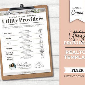 Może przedstawiać: Drukowany szablon ulotki dla agentów nieruchomości, aby zapewnić nowym właścicielom domów listę dostawców usług komunalnych w ich okolicy. Ulotka jest zaprojektowana z brązową teczką i białą kartką papieru z czarnym tekstem i ikonami. Tekst na ulotce brzmi "Witamy w nowym domu! Dostawcy usług komunalnych".
