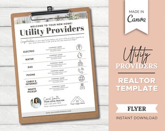 Proveedores de servicios públicos inmobiliarios / Marketing inmobiliario / Lista de proveedores de servicios públicos / Folleto inmobiliario / Kit para comprador de vivienda / Folleto de cierre / Canva