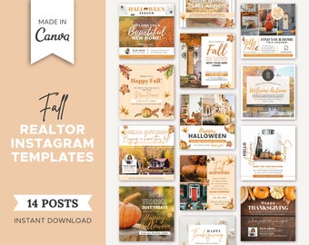 14 Fall Realtor Instagram Posts | Real Estate Social Media Templates | Real Estate Fall Marketing | Instagram Post Template | Canva Template