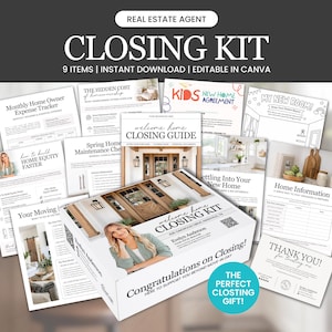 May include: A real estate closing kit with the text "CLOSING KIT" and "9 ITEMS | INSTANT DOWNLOAD | EDITABLE IN CANVA". The kit includes a welcome guide, expense tracker, and other home-related documents. The kit is a perfect closing gift.