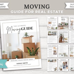 Real Estate Moving Guide | Realtor Moving Checklist | Real Estate Marketing | Moving Planner | Home Buyer | Moving to-do List | Canva