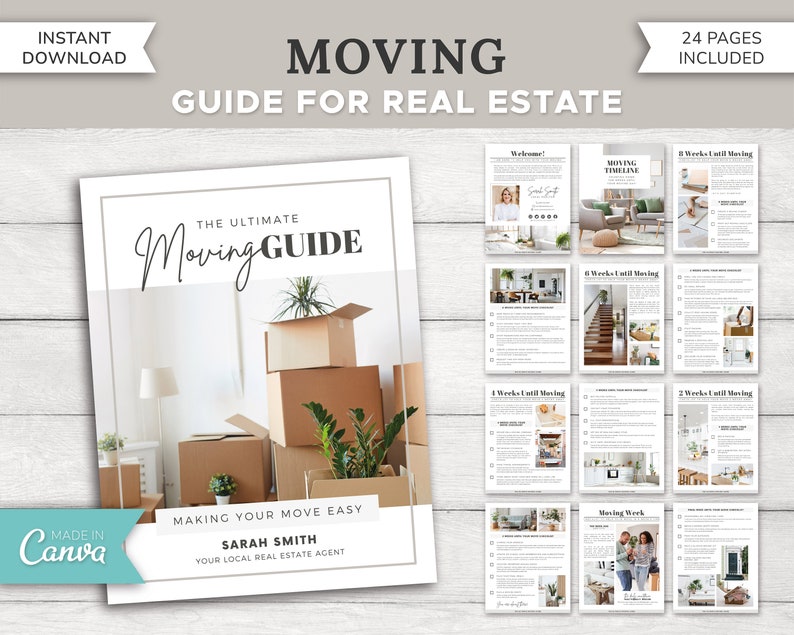 May include: A white and gray guide for real estate with the title "Moving Guide for Real Estate" and the subtitle "The Ultimate Moving Guide". The guide includes 24 pages with tips and advice for moving. The cover features a photo of a room with boxes and plants.