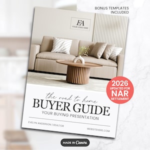 K&ouml;nnte beinhalten: Eine wei&szlig;e Brosch&uuml;re mit dem Text &bdquo;the road to home BUYER GUIDE&ldquo; und &bdquo;YOUR BUYING PRESENTATION&ldquo;. Die Brosch&uuml;re enth&auml;lt ein Logo, ein Sofa und einen Couchtisch. Der Text &bdquo;2026 UPDATED FOR NAR SETTLEMENT&ldquo; ist ebenfalls sichtbar.