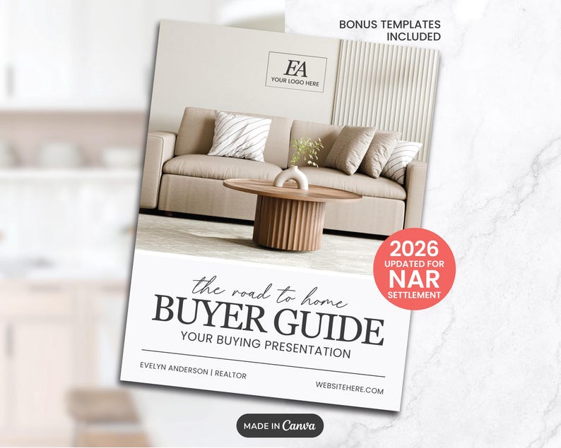 K&ouml;nnte beinhalten: Eine wei&szlig;e Brosch&uuml;re mit dem Text &bdquo;the road to home BUYER GUIDE&ldquo; und &bdquo;YOUR BUYING PRESENTATION&ldquo;. Die Brosch&uuml;re enth&auml;lt ein Logo, ein Sofa und einen Couchtisch. Der Text &bdquo;2026 UPDATED FOR NAR SETTLEMENT&ldquo; ist ebenfalls sichtbar.