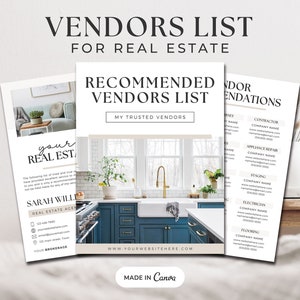 May include: A white and beige printable vendor list for real estate agents. The list includes a variety of services such as contractors, appliance repair, staging, electricians, and flooring. The list is titled "Recommended Vendors List" and "My Trusted Vendors".