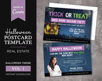 Halloween-Immobilien-Postkarte | Immobilienmarketing | Süßes oder Saures Halloween Makler | Halloween Mailer | Herbst Pop By | Canva Template