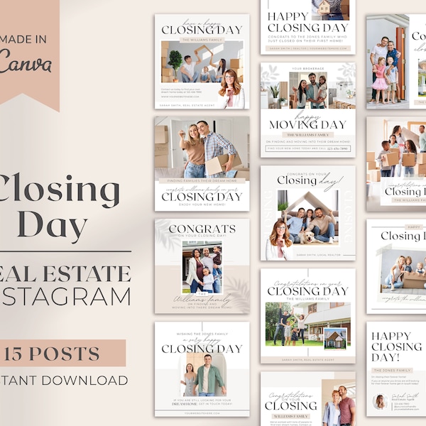 15 Closing Day Instagram Posts | Real Estate Social Media | Real Estate Marketing | Instagram Template | Realtor Happy Closing Day | Canva
