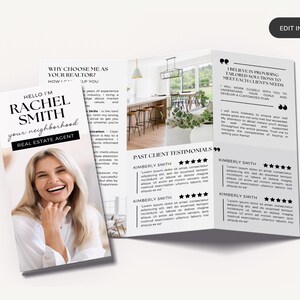 May include: A tri-fold brochure with a photo of a smiling woman and a kitchen interior. The brochure is titled "Hello I'm Rachel Smith, your neighborhood Real Estate Agent". The text on the brochure highlights the realtor's experience and commitment to providing tailored solutions to meet each client's needs. The brochure also includes past client testimonials.