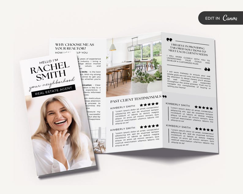 May include: A tri-fold brochure with a photo of a smiling woman and a kitchen interior. The brochure is titled "Hello I'm Rachel Smith, your neighborhood Real Estate Agent". The text on the brochure highlights the realtor's experience and commitment to providing tailored solutions to meet each client's needs. The brochure also includes past client testimonials.