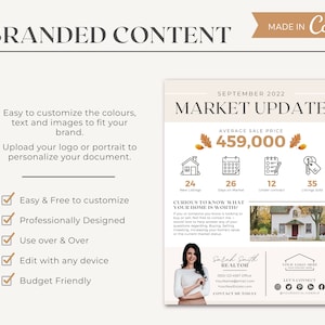 May include: A beige and brown real estate market update template with a photo of a realtor and a house. The template includes the average sale price, number of new listings, days on market, under contract, and listings sold. The text "SEPTEMBER 2022 MARKET UPDATE" is at the top of the template. The text "AVERAGE SALE PRICE 459,000" is in the center of the template. The text "CURIOUS TO KNOW WHAT YOUR HOME IS WORTH?" is below the average sale price. The text "Sarah Smith REALTOR" is in the bottom left corner of the template. The text "YOUR LOGO HERE LET'S CONNECT @YOURSOCIALHANDLE" is in the bottom right corner of the template.