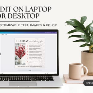 May include: A laptop computer screen displaying a holiday-themed graphic with the text "HOLIDAY letterring tips" and a list of tips. The graphic features a white vase with red berries and a snowy background. The laptop is on a white surface with a potted plant and a mug.
