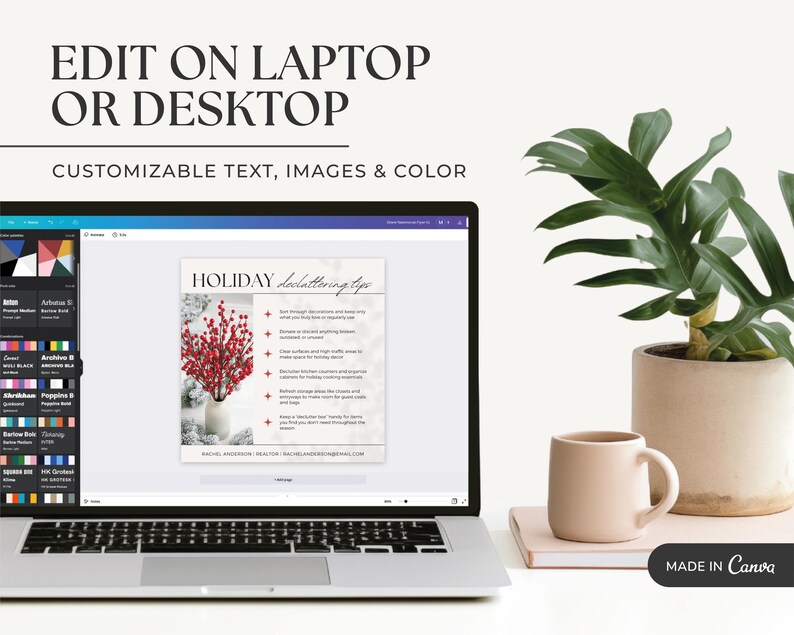 May include: A laptop computer screen displaying a holiday-themed graphic with the text "HOLIDAY letterring tips" and a list of tips. The graphic features a white vase with red berries and a snowy background. The laptop is on a white surface with a potted plant and a mug.