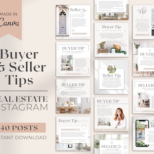 May include: A set of 40 Instagram post templates for real estate agents. The templates feature a light beige background with black text and images of houses. The text includes tips for both buyers and sellers.