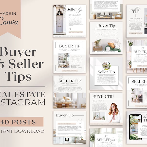 Real Estate Buyer and Seller Tips Instagram Posts | Real Estate Social Media Templates | Real Estate Marketing | Instagram Post Template