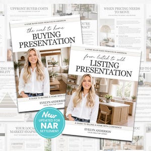 May include: Two digital guide covers titled The Road to Home Buying Presentation and From Listed to Sold Listing Presentation, featuring a blonde person in a white shirt, interior home photography, and a teal circular badge stating New Updated for NAR Settlement.