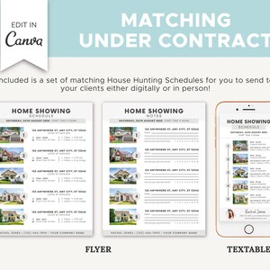 May include: Three printable house showing schedules for real estate agents. The first schedule is a flyer with a list of five houses to show, the second is a notes page with space to write notes about each house, and the third is a text-based schedule for a mobile phone.