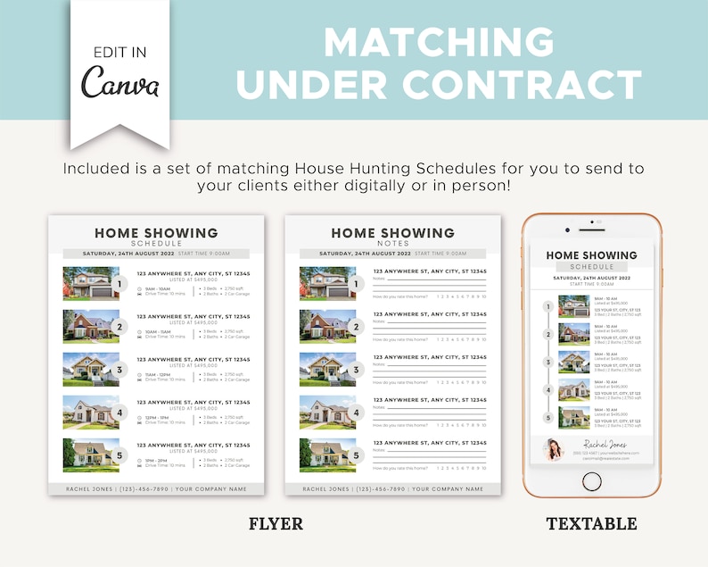May include: Three printable house showing schedules for real estate agents. The first schedule is a flyer with a list of five houses to show, the second is a notes page with space to write notes about each house, and the third is a text-based schedule for a mobile phone.