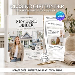 May include: A white New Home Binder closing gift binder with a photo of a realtor and a house, featuring text including New Home Binder, 435 Oakwood Drive, Nashville, TN, and Evelyn Anderson Local Realtor. Includes printed pages and a gold pen.