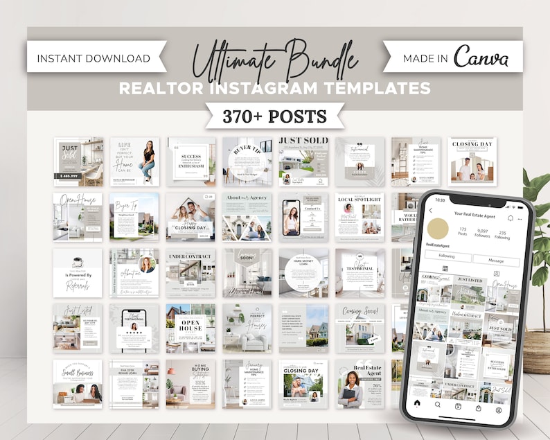 370+ Realtor Instagram Posts Ultimate Bundle | Real Estate Social Media Templates | Real Estate Marketing | Instagram Template | Canva image 1