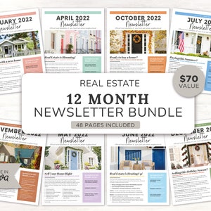 Real Estate Newsletter Bundle | 12 Month Newsletter | Real Estate Marketing | Realtor Newsletter | Realtor Email Marketing | Canva Template