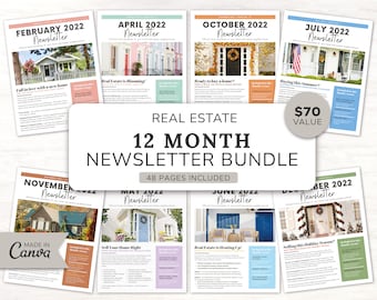 Real Estate Newsletter Bundle | 12 Month Newsletter | Real Estate Marketing | Realtor Newsletter | Realtor Email Marketing | Canva Template