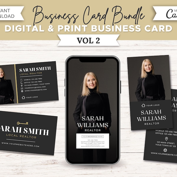 Real Estate Business Card Template Bundle | Real Estate Marketing | Realtor Business Card | Editable Business Card | Digital Business Card