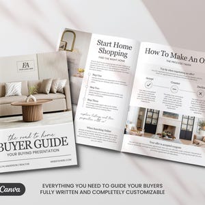 K&ouml;nnte beinhalten: Eine Brosch&uuml;re mit dem Titel "Buyer Guide" mit dem Text "the road to home" und "Your Buying Presentation". Die Brosch&uuml;re enth&auml;lt Innenraumdesign-Bilder und Text zum Thema Wohnungssuche und Angebotsabgabe. Der Satz "Edit in Canva" ist ebenfalls sichtbar.