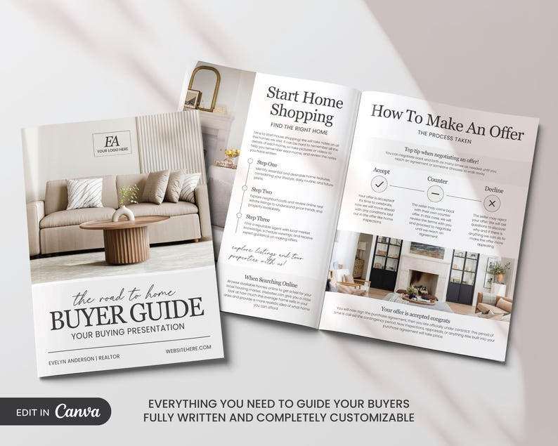 K&ouml;nnte beinhalten: Eine Brosch&uuml;re mit dem Titel "Buyer Guide" mit dem Text "the road to home" und "Your Buying Presentation". Die Brosch&uuml;re enth&auml;lt Innenraumdesign-Bilder und Text zum Thema Wohnungssuche und Angebotsabgabe. Der Satz "Edit in Canva" ist ebenfalls sichtbar.