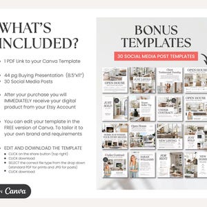 K&ouml;nnte beinhalten: Eine digitale Marketingvorlage mit dem Text "WHAT'S INCLUDED?" und "BONUS TEMPLATES". Die Vorlage enth&auml;lt einen PDF-Link, eine Pr&auml;sentation zum Kauf und 30 Social-Media-Posts. Die Vorlage ist in Canva bearbeitbar.