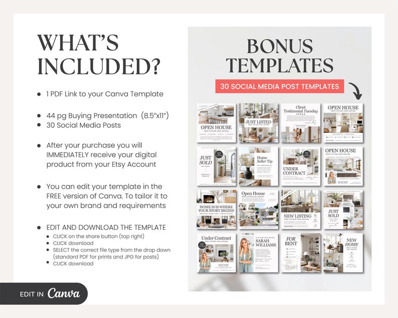 K&ouml;nnte beinhalten: Eine digitale Marketingvorlage mit dem Text "WHAT'S INCLUDED?" und "BONUS TEMPLATES". Die Vorlage enth&auml;lt einen PDF-Link, eine Pr&auml;sentation zum Kauf und 30 Social-Media-Posts. Die Vorlage ist in Canva bearbeitbar.
