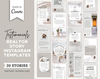 20 Testimonial Realtor Instagram Stories | Real Estate Agent Social Media | RealEstate Marketing | Instagram Story Template | Canva Template