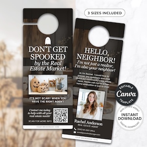 Puede incluir: Plantillas de colgadores de puerta en blanco y negro con temas de Halloween. Uno dice "Don't Get Spooked by the Real Estate Market!" con decoración de calabaza. El otro dice "Hello, Neighbor!" con la foto de un agente inmobiliario. Incluye texto "Plantilla Canva editable" y "Descarga instantánea".