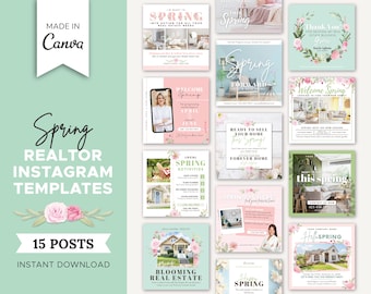 Puede incluir: Un conjunto de 15 plantillas de publicaciones de Instagram para agentes inmobiliarios, con un tema primaveral con diseños florales e imágenes de casas. El texto "Spring Realtor Instagram Templates" y "15 Posts Instant Download" está incluido en la imagen.