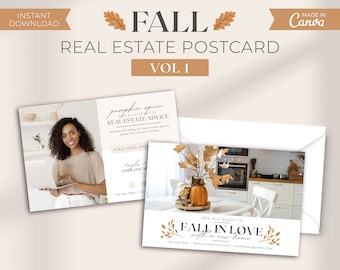 May include: A real estate postcard with a fall theme. The postcard features a photo of a kitchen with a pumpkin centerpiece and fall foliage. The text on the postcard reads "Are you ready to fall in love with a new home?" and includes contact information for a real estate agent.