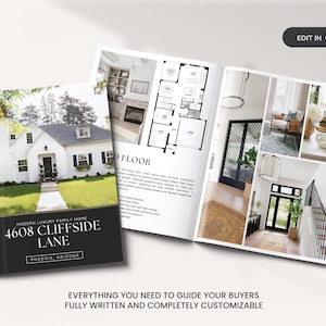 May include: A brochure with a white house on the cover, the address 4608 Cliffside Lane, and the city Phoenix, Arizona. The brochure is open, revealing interior design photos and floor plans. Text at the bottom reads, "Everything you need to guide your buyers."