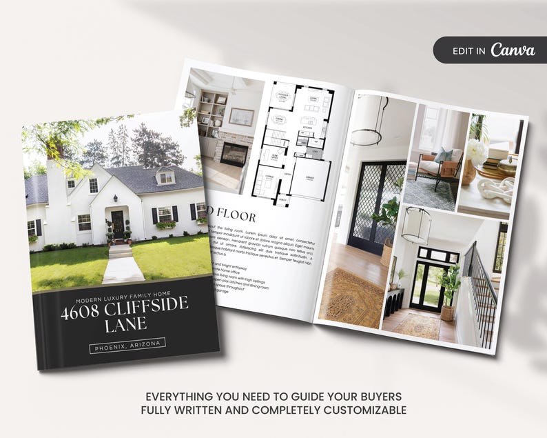 May include: A brochure with a white house on the cover, the address 4608 Cliffside Lane, and the city Phoenix, Arizona. The brochure is open, revealing interior design photos and floor plans. Text at the bottom reads, "Everything you need to guide your buyers."