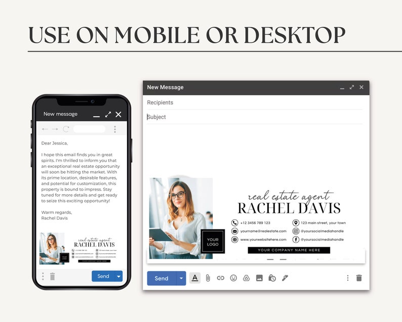 May include: A mock-up of a mobile phone and desktop computer screen showing an email template for a real estate agent. The email template features a black and white photo of a woman with glasses and a white shirt. The email template includes the text "real estate agent RACHEL DAVIS" and contact information for the agent. The email template is designed to be used on both mobile and desktop devices.