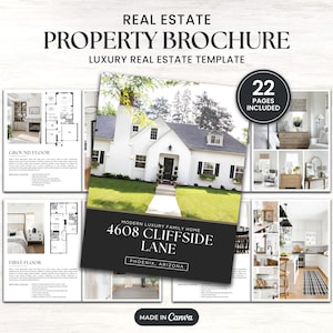Op de afbeelding: Een vastgoedbrochure met de tekst "REAL ESTATE PROPERTY BROCHURE LUXURY REAL ESTATE TEMPLATE". De brochure bevat afbeeldingen van een huis, plattegronden en interieurontwerp. De brochure is voor een modern luxe familiehuis gelegen aan 4608 Cliffside Lane, Phoenix, Arizona.