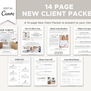 Puede incluir: Un paquete de bienvenida para nuevos clientes de 14 p&aacute;ginas para agentes inmobiliarios. El paquete incluye secciones como "Nice to Meet You", "About Your Realtor", "What To Expect", "Timeline", "About Yourself" y "Your Ideal Home".