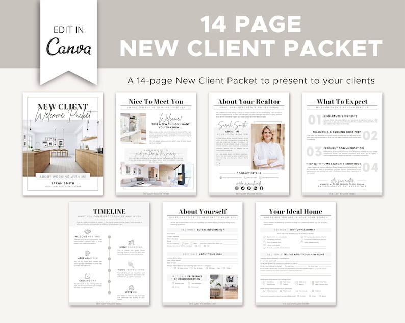 Puede incluir: Un paquete de bienvenida para nuevos clientes de 14 p&aacute;ginas para agentes inmobiliarios. El paquete incluye secciones como "Nice to Meet You", "About Your Realtor", "What To Expect", "Timeline", "About Yourself" y "Your Ideal Home".