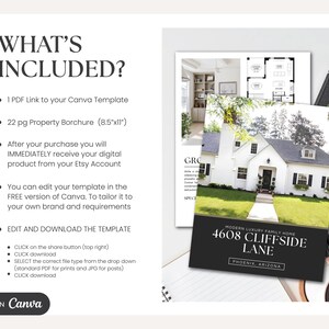 May include: A digital real estate template with a white house image, floor plans, and the text "4608 Cliffside Lane, Phoenix, Arizona." The image also includes a list of included items, such as a PDF link and a 22-page property brochure.