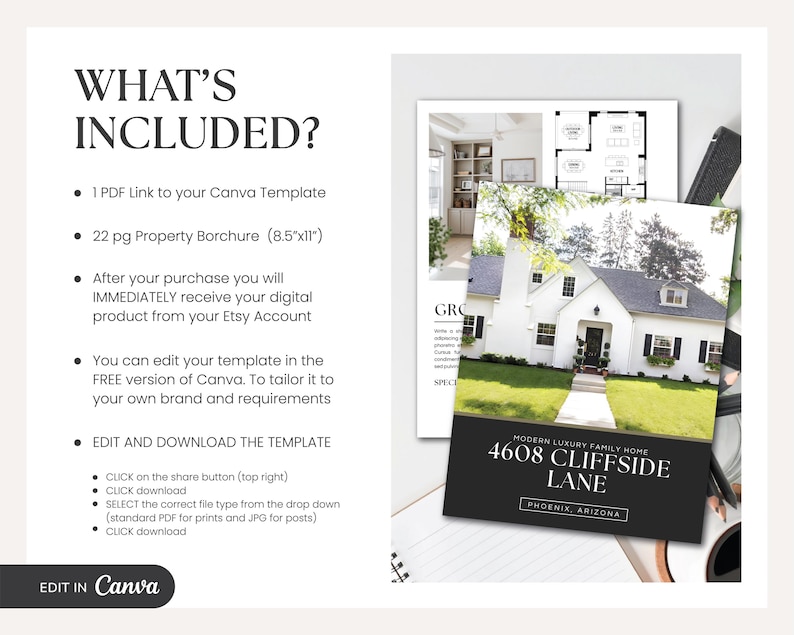 May include: A digital real estate template with a white house image, floor plans, and the text "4608 Cliffside Lane, Phoenix, Arizona." The image also includes a list of included items, such as a PDF link and a 22-page property brochure.